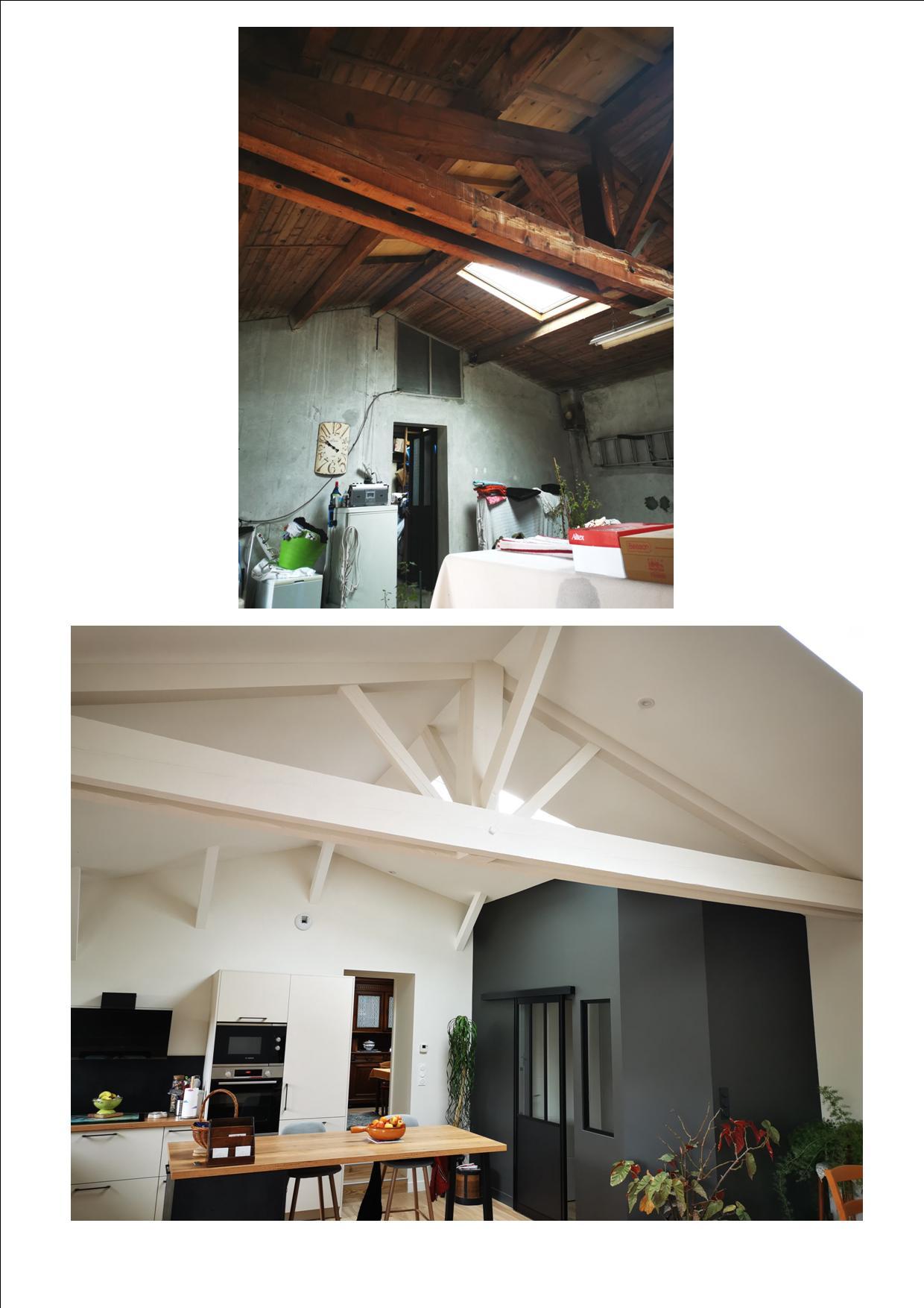 Chantier cuisine avec plafond cathédrale
